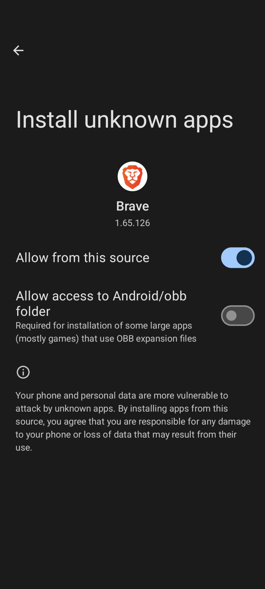 Brave app settings screenshot