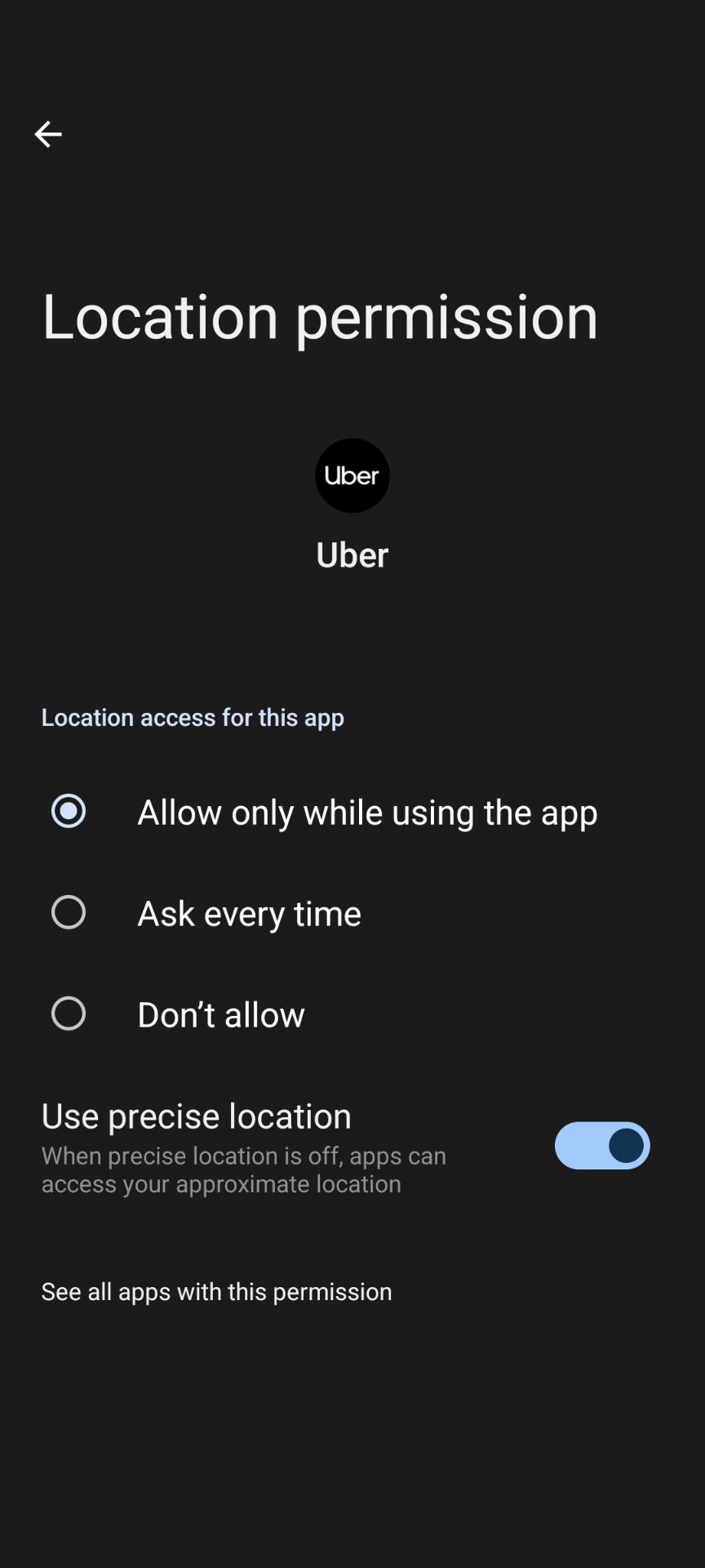 Uber location permissions screenshot